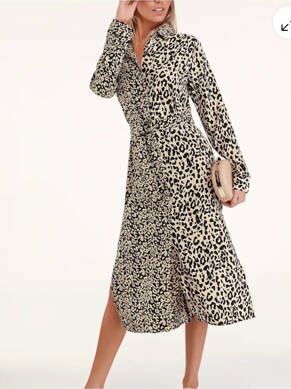 Honey Punch Leopard-Print Midi Shirt Dress in Beige and Black